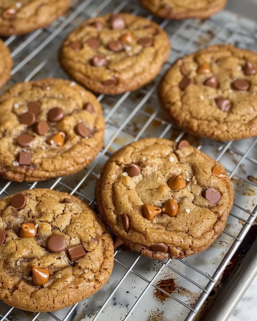 Brown butter espresso toffee chocolate chip cookies on a plate