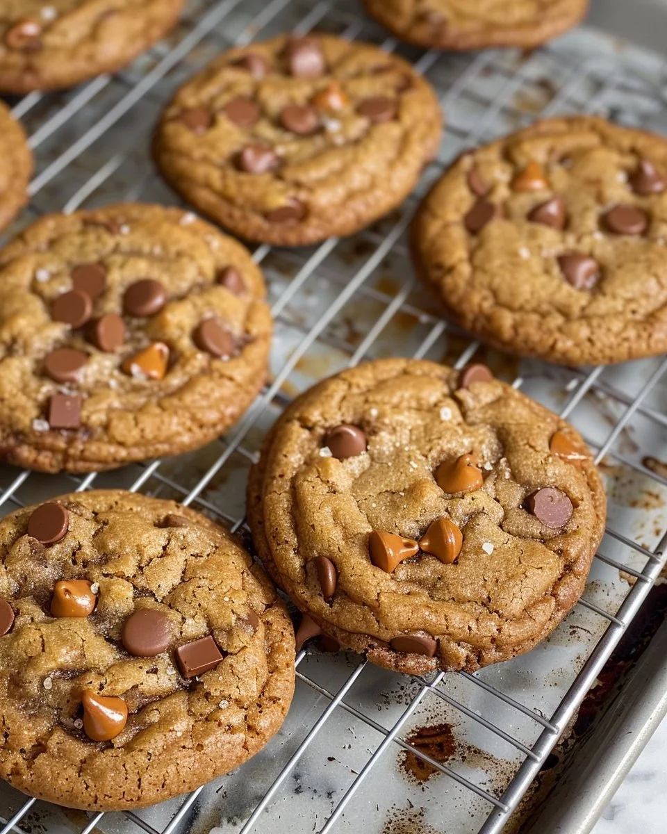 Brown butter espresso toffee chocolate chip cookies on a plate