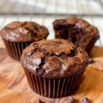 Delicious brownie muffins topped with chocolate chips and served warm.