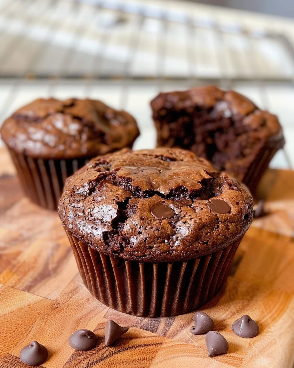 Delicious brownie muffins topped with chocolate chips and served warm.