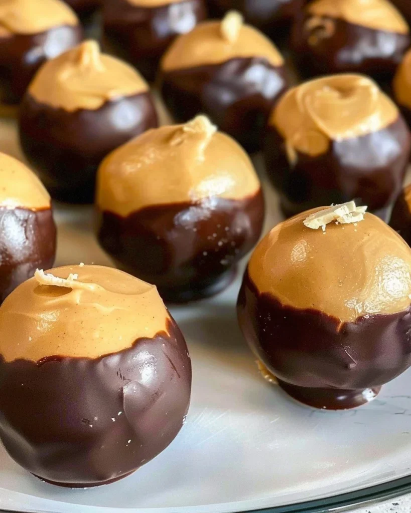 Delicious Buckeyes, chocolate-covered peanut butter balls, perfect for dessert.