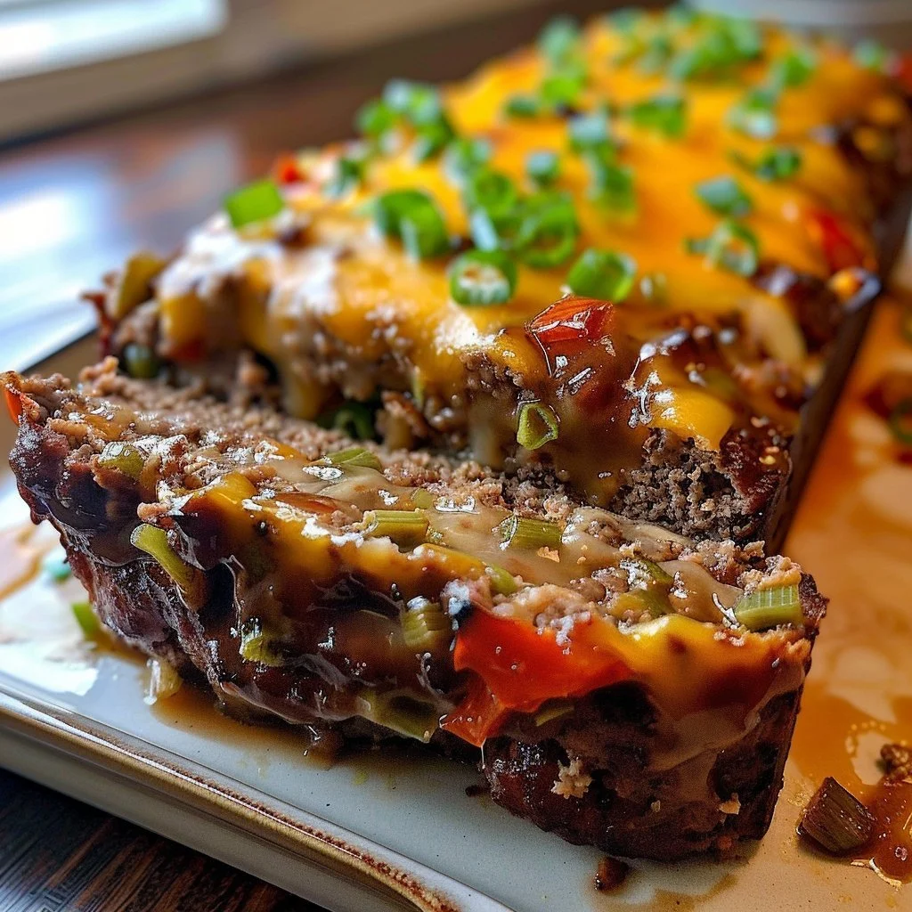 Plate of cheesesteak meatloaf with melted cheese and peppers