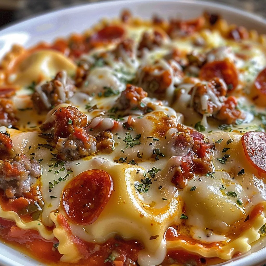 Cheesy pizza ravioli bake topped with melted cheese and herbs