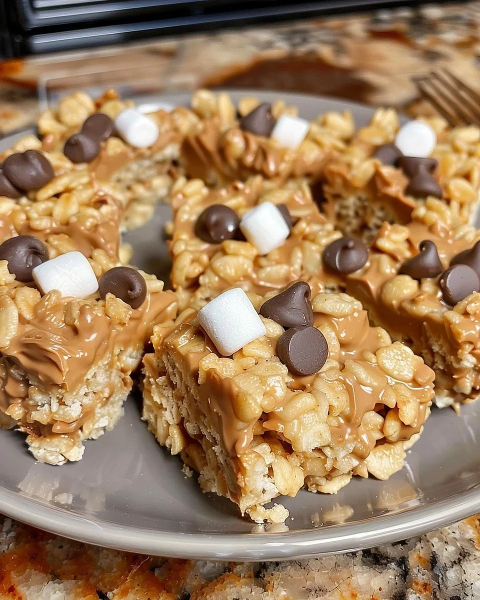 Delicious Chocolate Peanut Butter Rice Crispy Treats on a plate