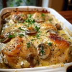 Creamy baked chicken mushroom dish garnished with fresh herbs on a plate
