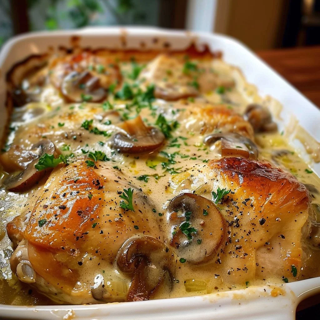 Creamy baked chicken mushroom dish garnished with herbs on a plate