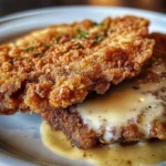 Plate of crispy buttermilk chicken fried steak with gravy and sides