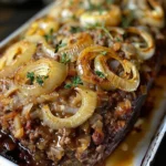 Delicious Crockpot French Onion Beefloaf served with melted cheese on top.