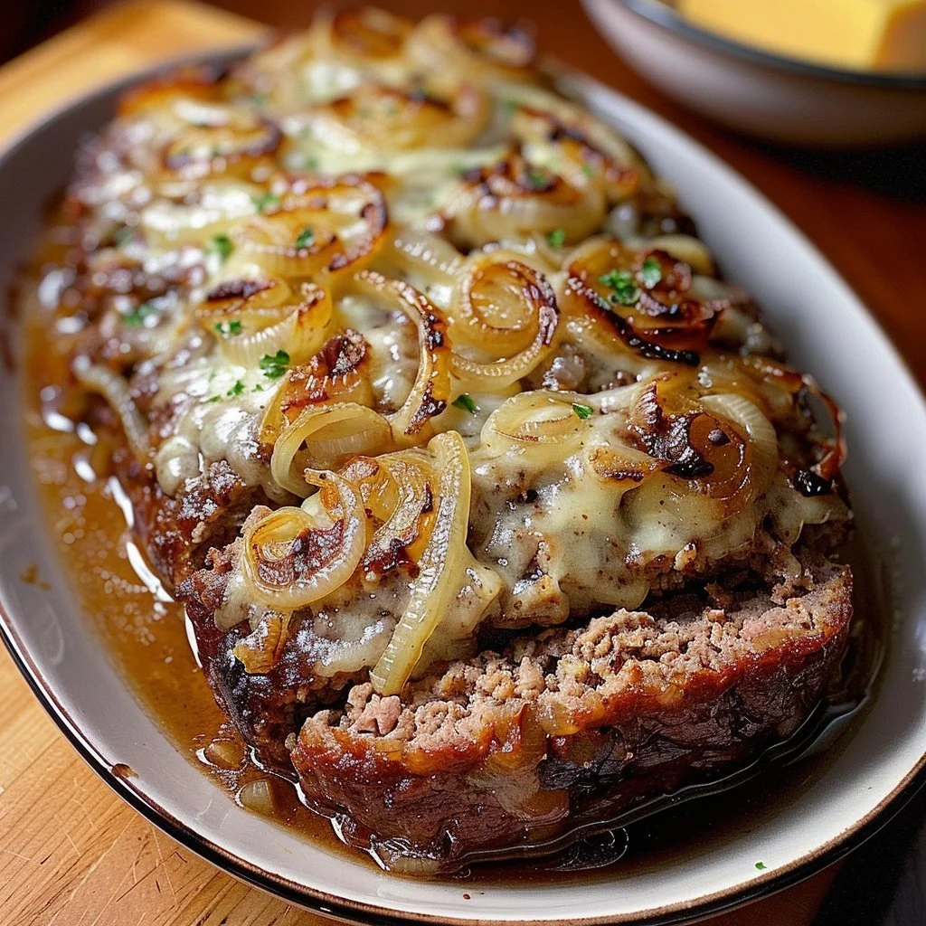 Delicious Crockpot French Onion Beefloaf served with melted cheese and herbs