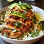 Honey Lime Chicken served over creamy avocado rice for a healthy meal