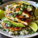 Honey Lime Chicken served with Avocado Rice on a plate.