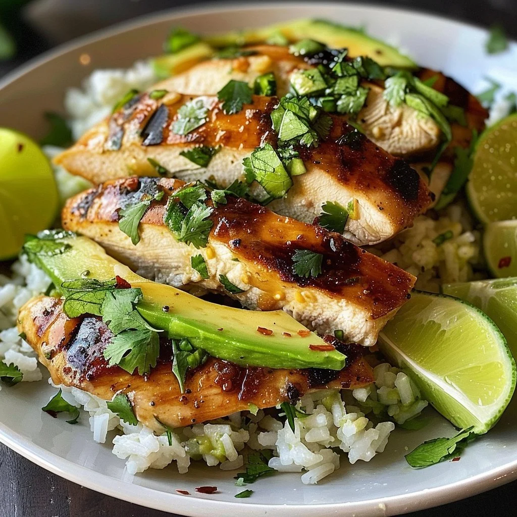 Honey Lime Chicken served with Avocado Rice on a plate.