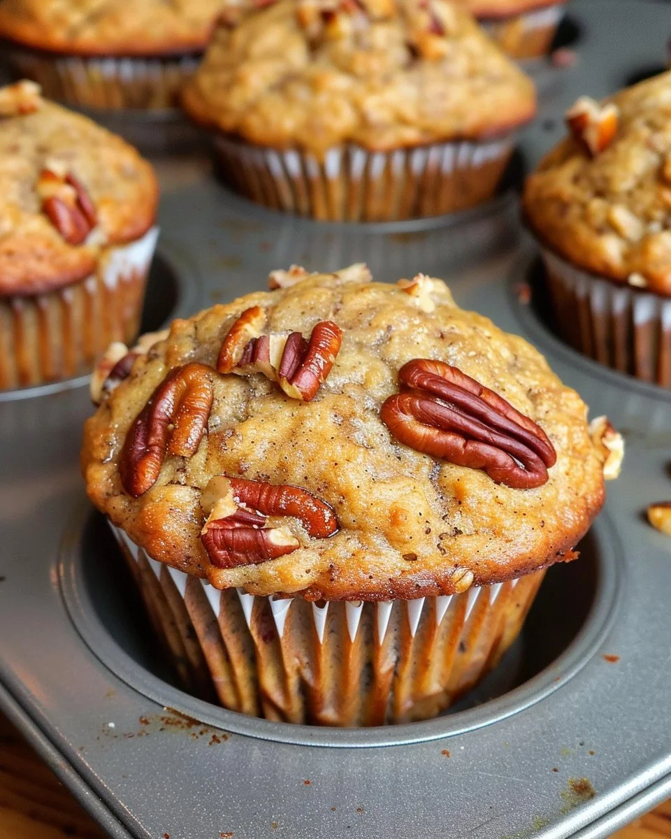 Freshly baked Pecan Banana Muffins on a wooden table