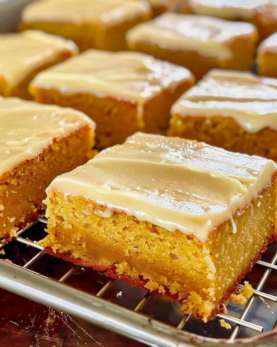 Delicious pumpkin sheet cake with brown butter icing on a rustic wooden table