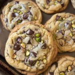 Salted pistachio dark chocolate chip cookies on a plate
