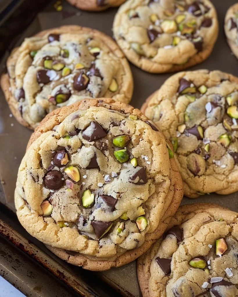 Salted pistachio dark chocolate chip cookies on a plate