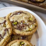 Delicious salted pistachio dark chocolate chip cookies on a plate