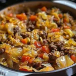 Savory Cabbage Beef Bake with meat and vegetables in a casserole dish