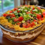 Delicious Seven-Layer Taco Dip served in a colorful dish