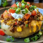 Delicious Taco Loaded Potatoes topped with cheese, beef, and salsa.