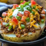 Taco Loaded Baked Potatoes topped with cheese, sour cream, and fresh toppings