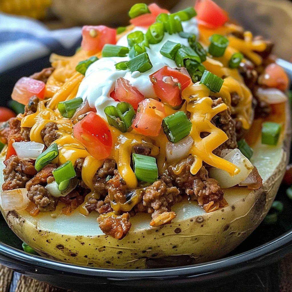 Taco Loaded Baked Potatoes topped with cheese, sour cream, and fresh toppings