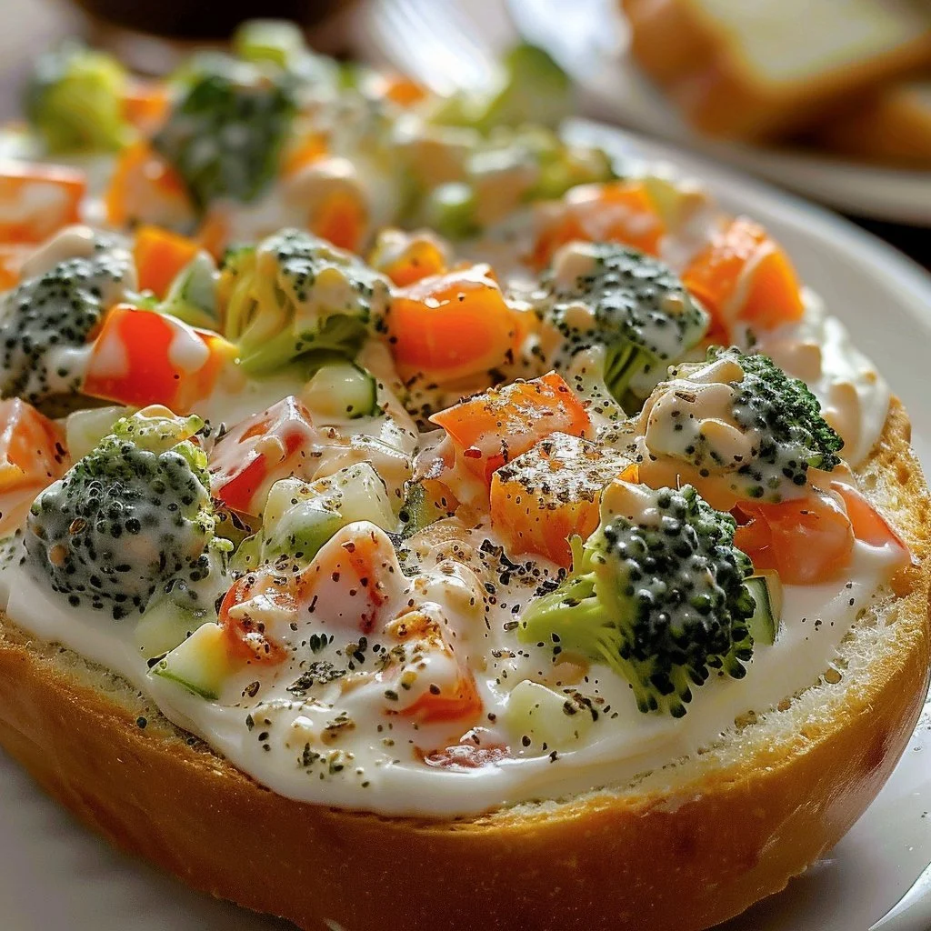 Veggie cream cheese spread on a toasted bagel with fresh vegetables
